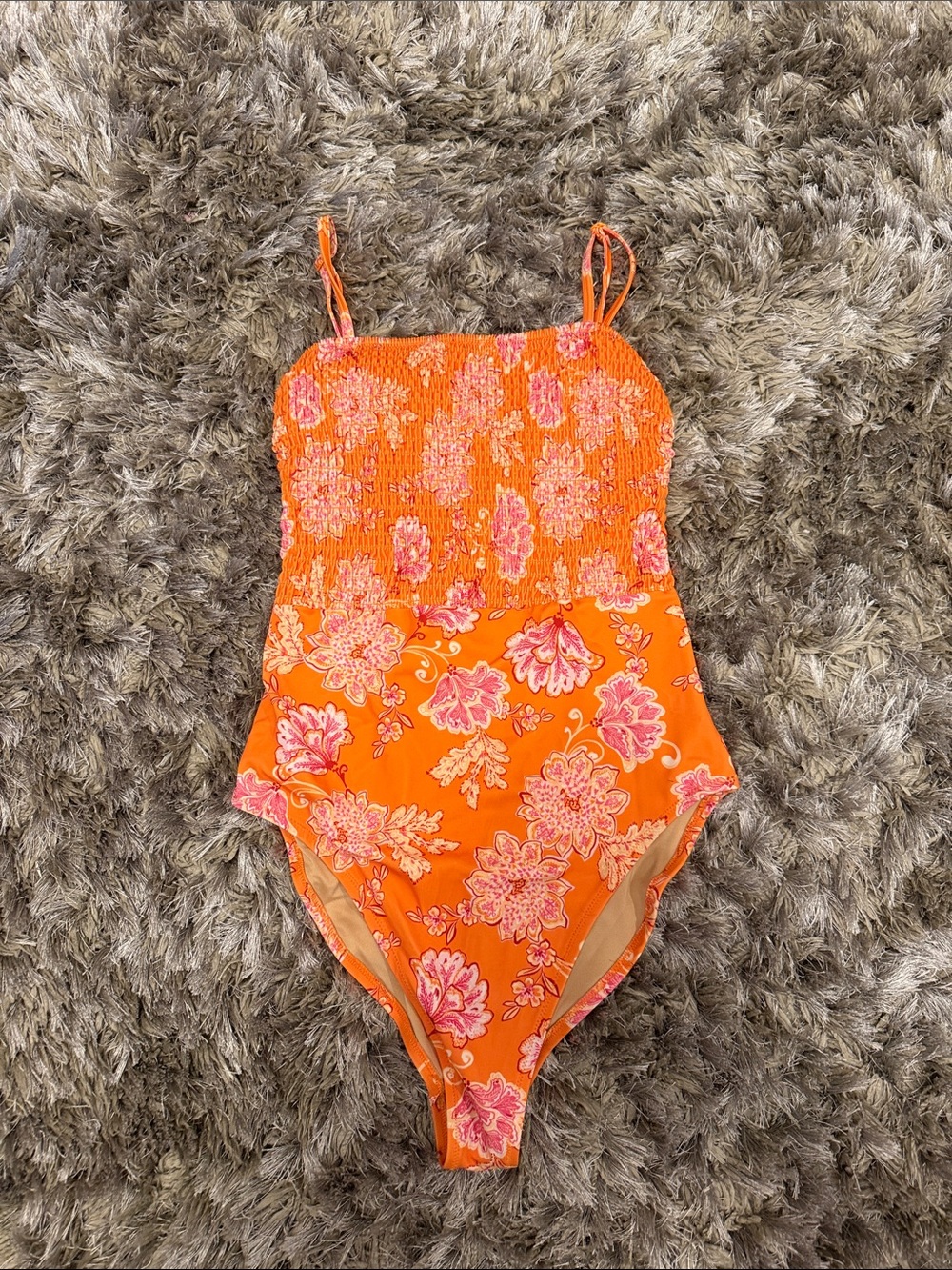 Women’s Orange Floral Smocked One-Piece Swimsuit